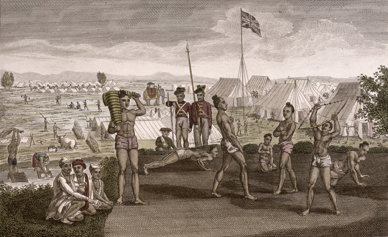 Indiska krigare tränar med utsikt över lägret för engelska invånare, ca 1810 av French School