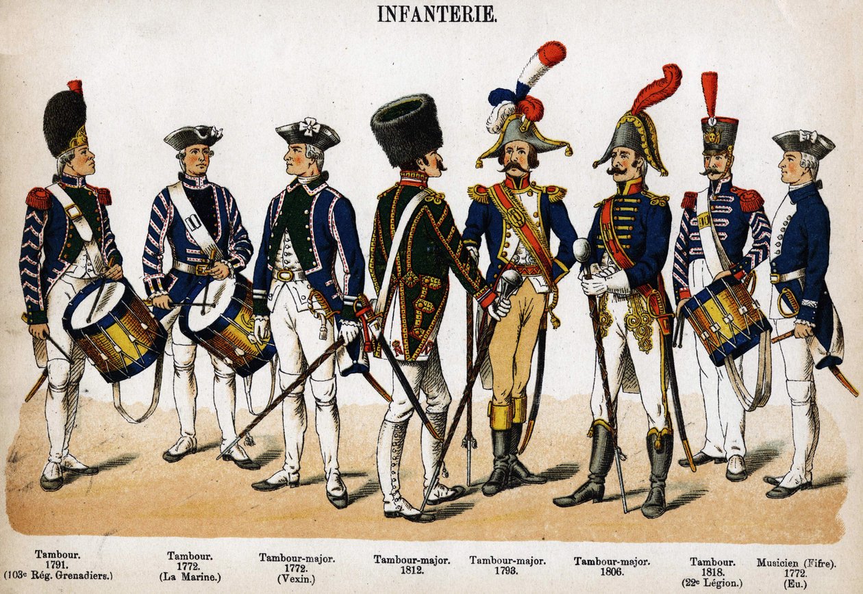 Infanteri: trumma, trumma major och musiker från 1772 till 1818. Plåt från boken Les Uniforms de l