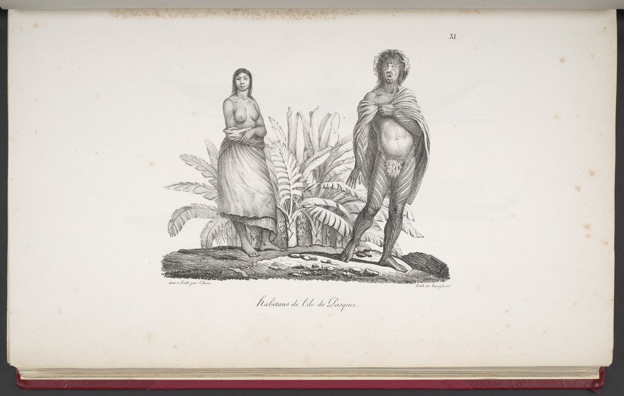 Invånare på Påskön, från En pittoresk resa runt världen, med porträtt av vildar från Amerika, Asien, Afrika och Öarna i det stora havet; landskap, havsutsikt och flera naturhistoriska föremål; åtföljd av d av French School