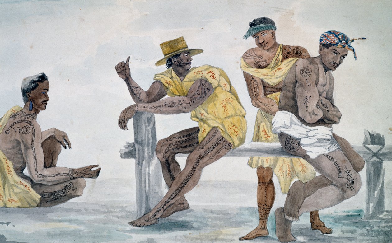 Invånare på Tahiti, Society Islands, akvarell av Jules-Louis Lejeune, baserat på Voyage around world av French School