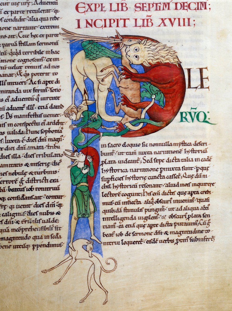 Initial P (lettrine): jästdjävul helvetets mun. Miniatyr från manuskriptet "Moralia in Job", Morales sur Job av Saint Gregoire, från klostret i Citeaux av French School