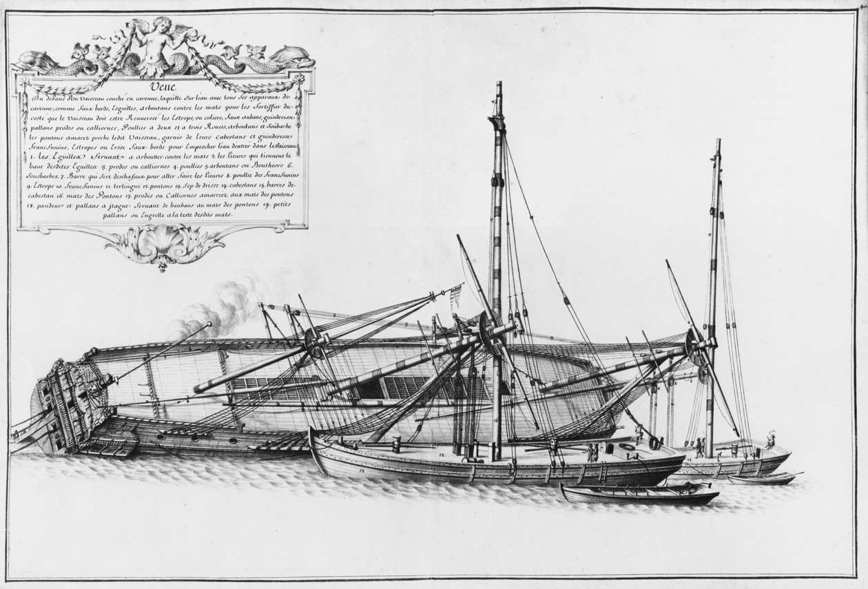 Insidan av ett fartyg som ligger på skrovet, illustration från Atlas de Colbert, skylt 40 av French School