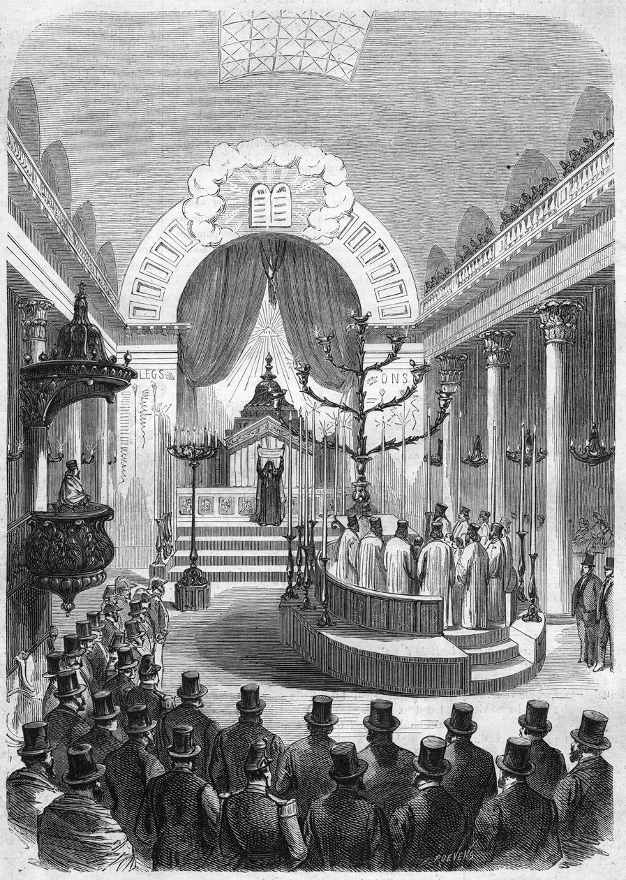 Installation av överrabbinen för värnplikten i Bordeaux, i stadens synagoga 1864. Gravyr från Mr. Duffets skiss. av French School