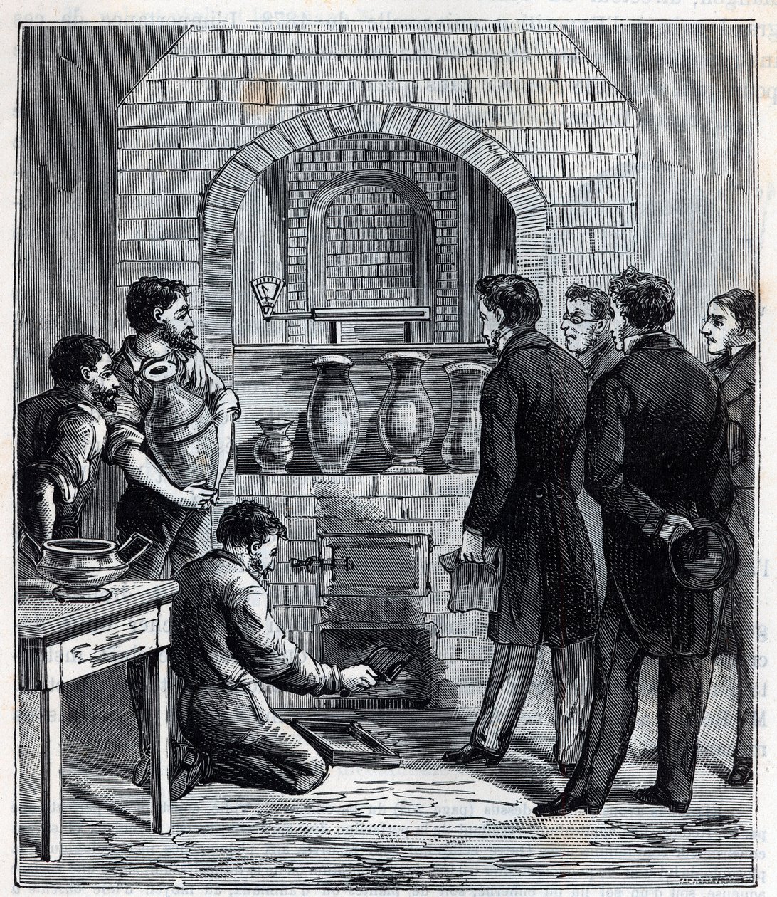 Installation av pyrometern av Alexandre Brongniart (1770 -1847) fransk vetenskapsman vid tillverkningen av Sevres - Gravyr i "Sciences mise à la gratete de tous - physics et chimie populaire"" av Alexis Clerc - Slutet av 1800-talet. Privat samling. av French School