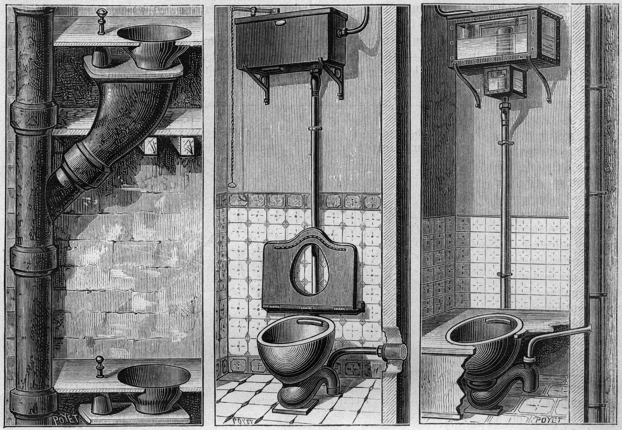 Installation av tre kammare: (från vänster till höger:) ohälsoskåp, sanitetsskåp med jakttank och sifon och ventilerande apparater utan mekanik. Gravyr i "" La Nature. Revue des sciences et de ses applications aux arts et a l