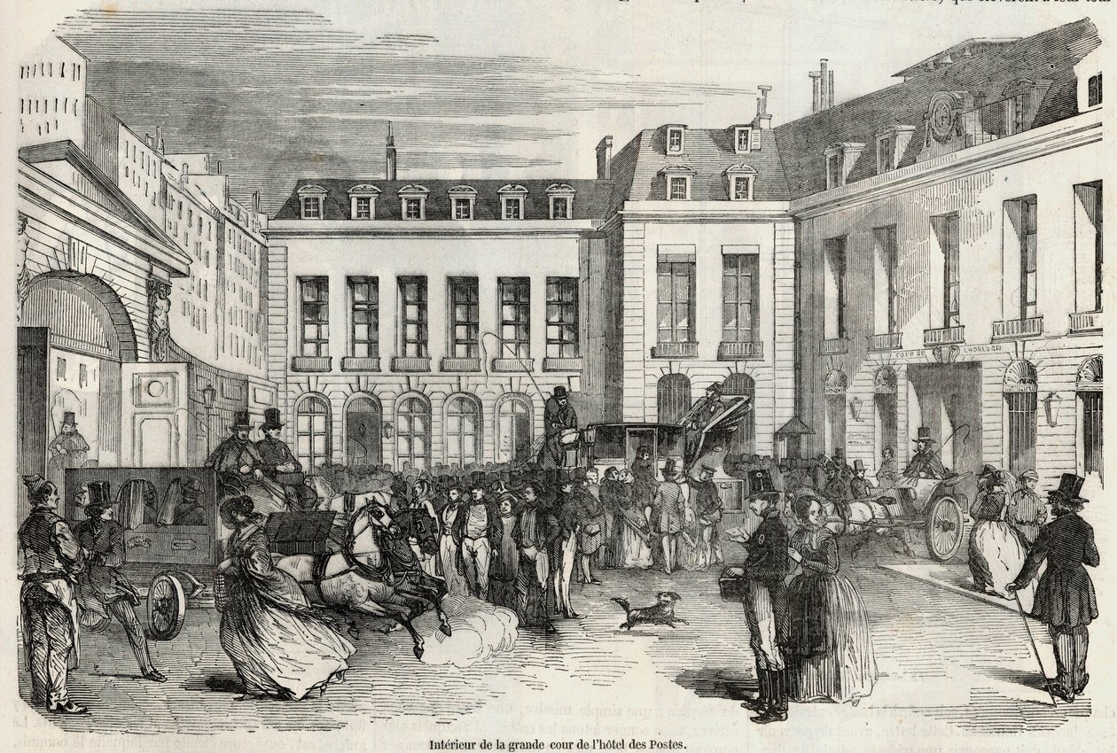 Interiör av den stora innergården på Hôtel des Postes i Paris - Gravyr i "Tableau-de-Paris" av Edmond Texier 1852 av French School