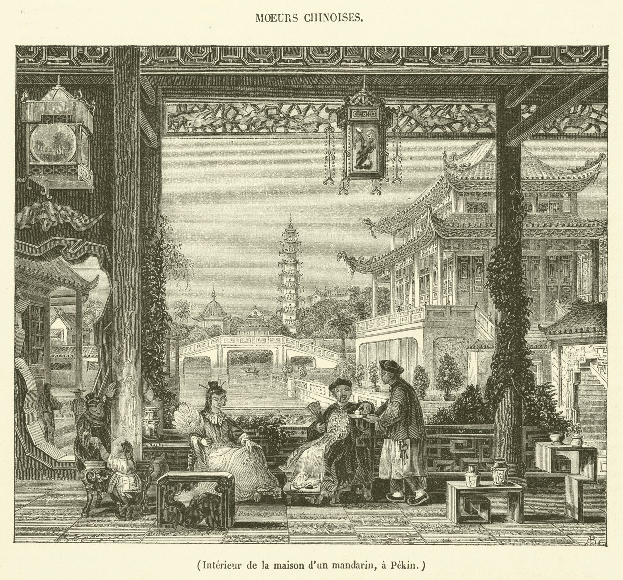 Interiör från ett mandarinhus i Peking (gravyr) av French School