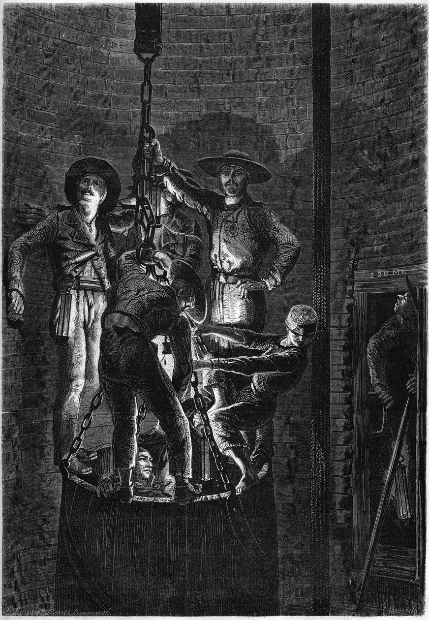 Interiört utseende av en kolgruva brunn: uppstigning av soptunnan. 1861. Gravyr i "" Le Monde Illustré"" nr 238 den 2 november av French School