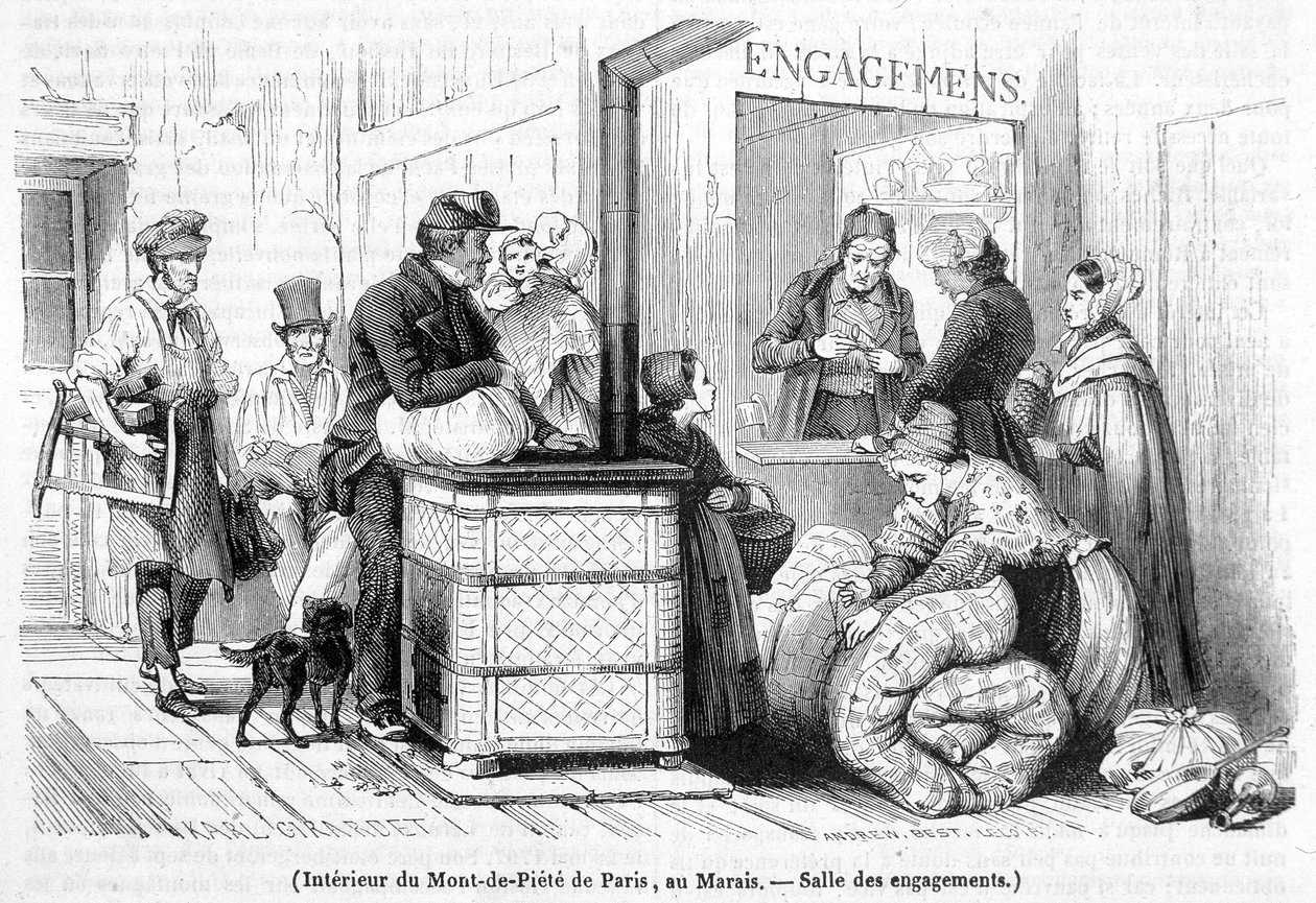 Interiör av Mont-de-Piété i Paris, vid Marais: förlovningssal - i "Le Magasin picturesque" nr 6 från juni 1842 av French School
