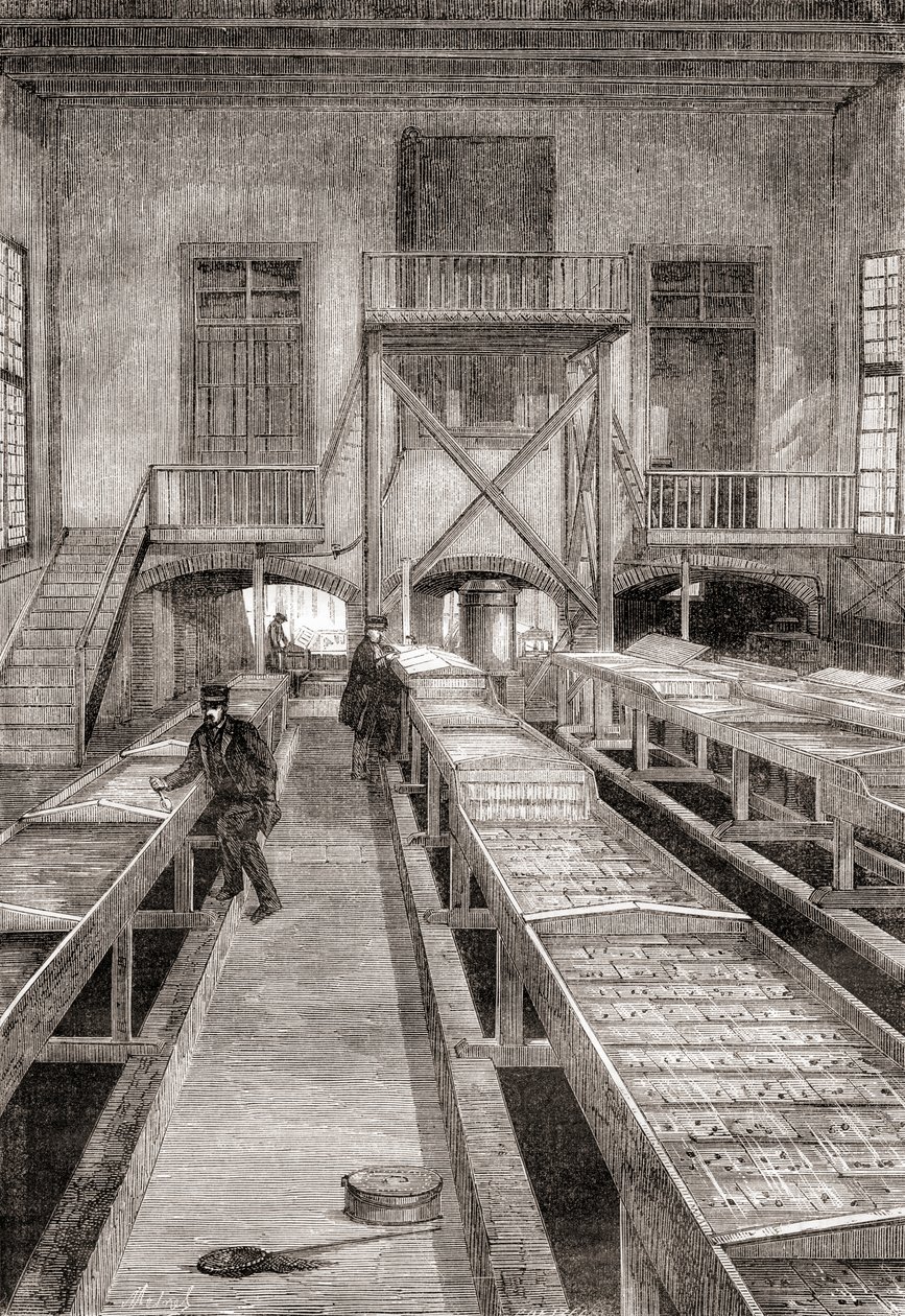 Interiör av en fiskodling från 1800-talet i Huningue, Frankrike, från Les Merveilles de la Science, publicerad ca 1870 (gravyr) av French School