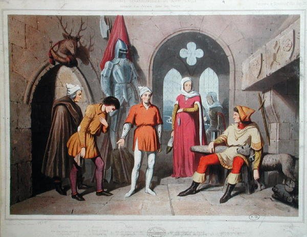 Interiör av ett slott i Vogeserna under fjortonde århundradet (färg litho) av French School