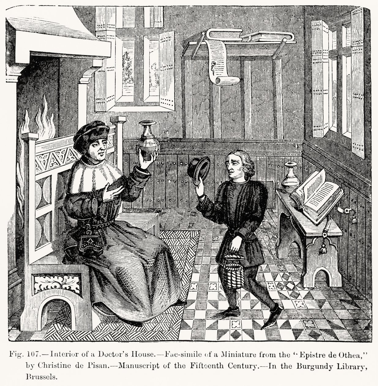 Interiör av ett doktorshus, från Epistre dOthea av Christine de Pisan, illustration från vetenskap och litteratur under medeltiden och renässansen, skriven och graverad av Paul Lacroix, 1878 (gravi av French School
