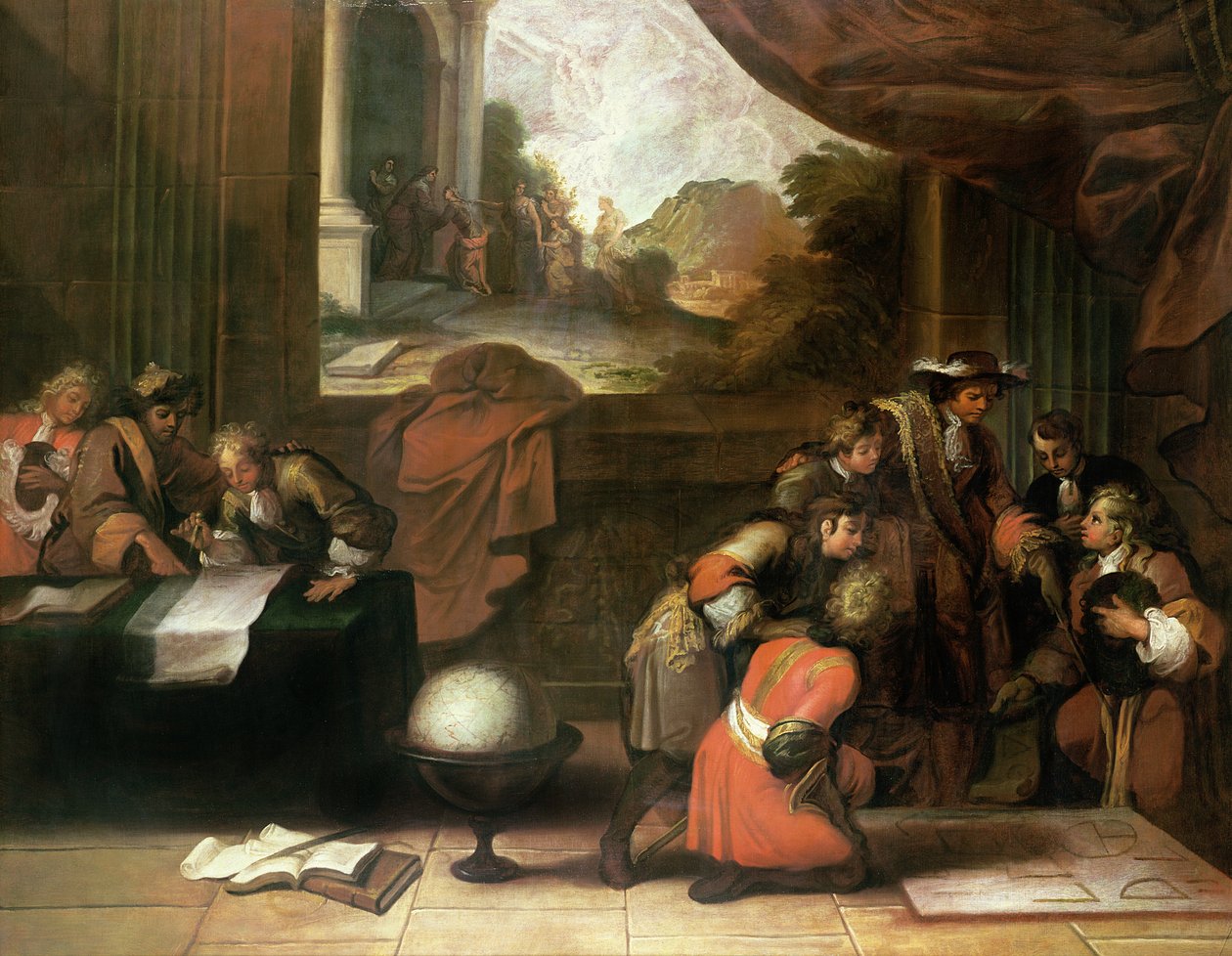 Interiör av ett rum med geografer och matematiker, c.1680-90 av French School