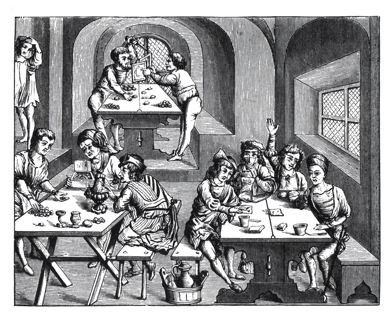 Interiör av ett härbärge, efter ett träsnitt i en folioupplaga av Virgil, publicerad Lyons, 1517 av French School