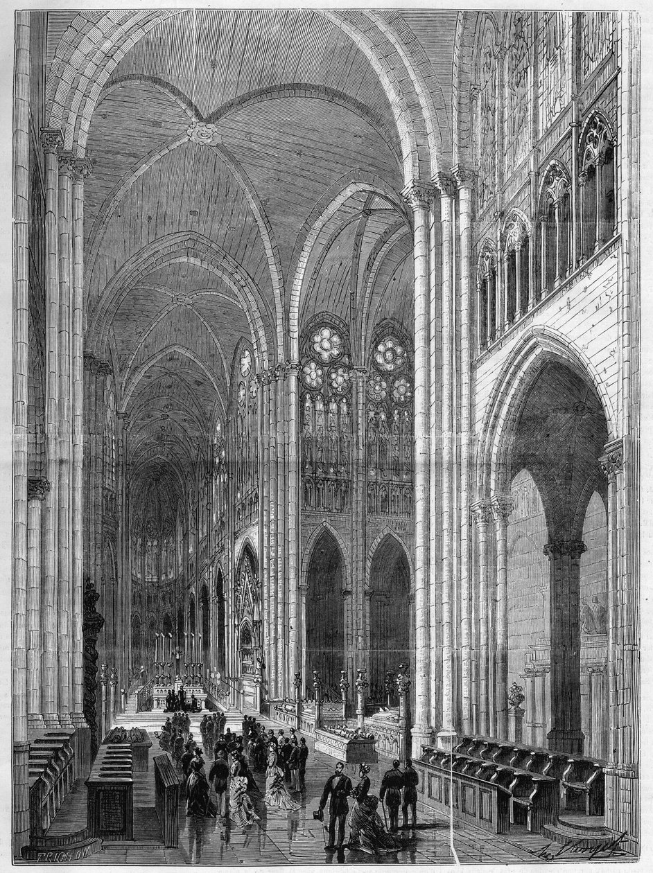 Interiören av basilikan Saint Denis (Saint Denis) restaurerad efter planer av Eugene Viollet-le-Duc (Viollet le Duc) (1814-1879). Gravyr i "The Illustrous Universe" av French School