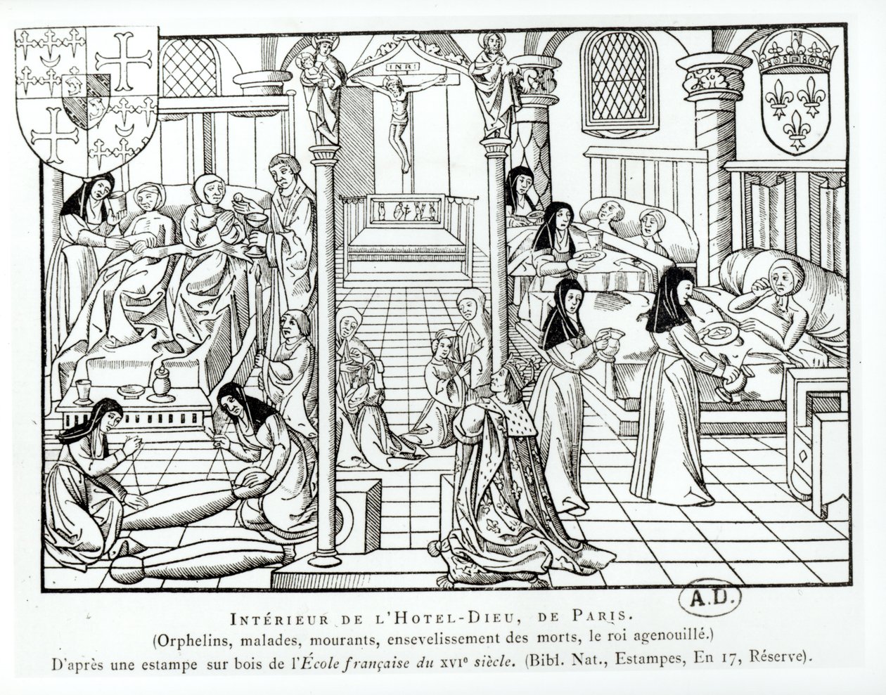 Interiör på Hotel Dieu sjukhus (xylograf) av French School