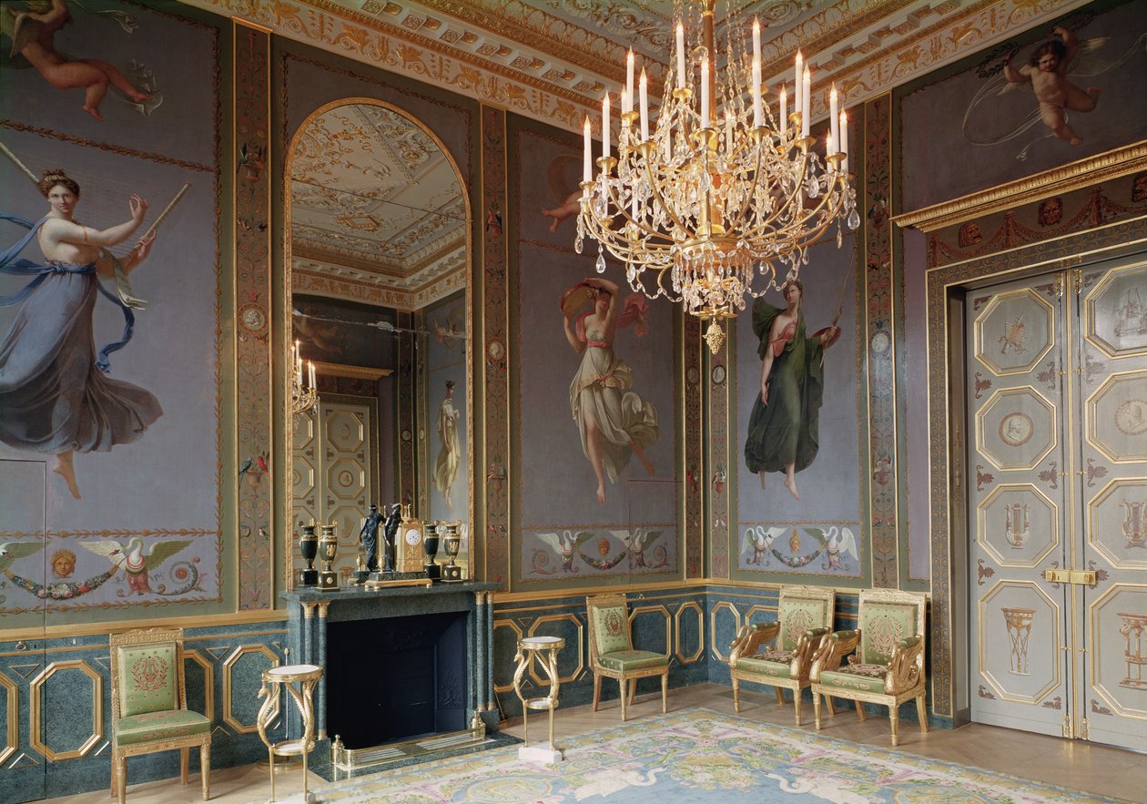 Interiör av musikrummet i lägenheten hos Hortense de Beauharnais (1783-1837) 1803-10 av French School