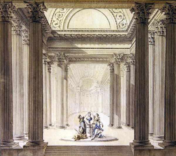 Interiör av dygdens tempel, ca 1770 (penna och bläck med akvarell på papper) av French School