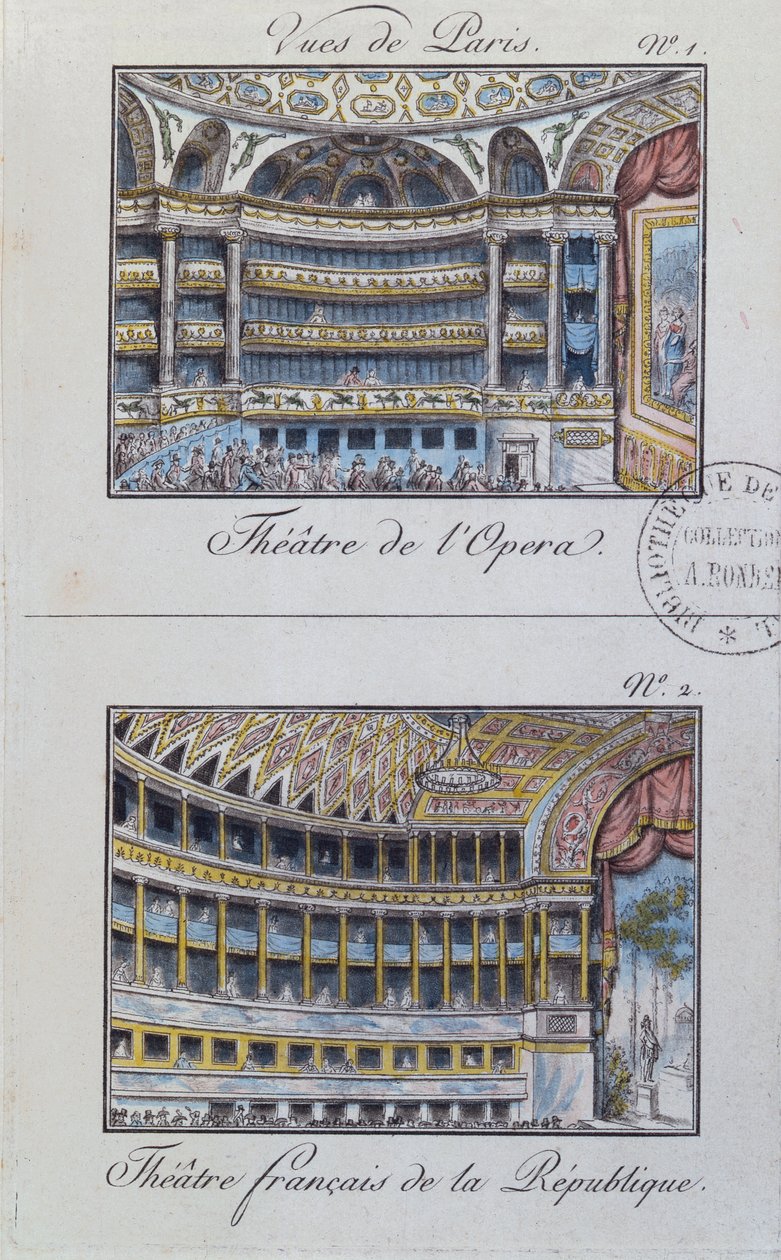 Interiör av Theatre de lOpera och Theatre de la Comedie Francaise, skylt 1 från Vues de Paris av French School
