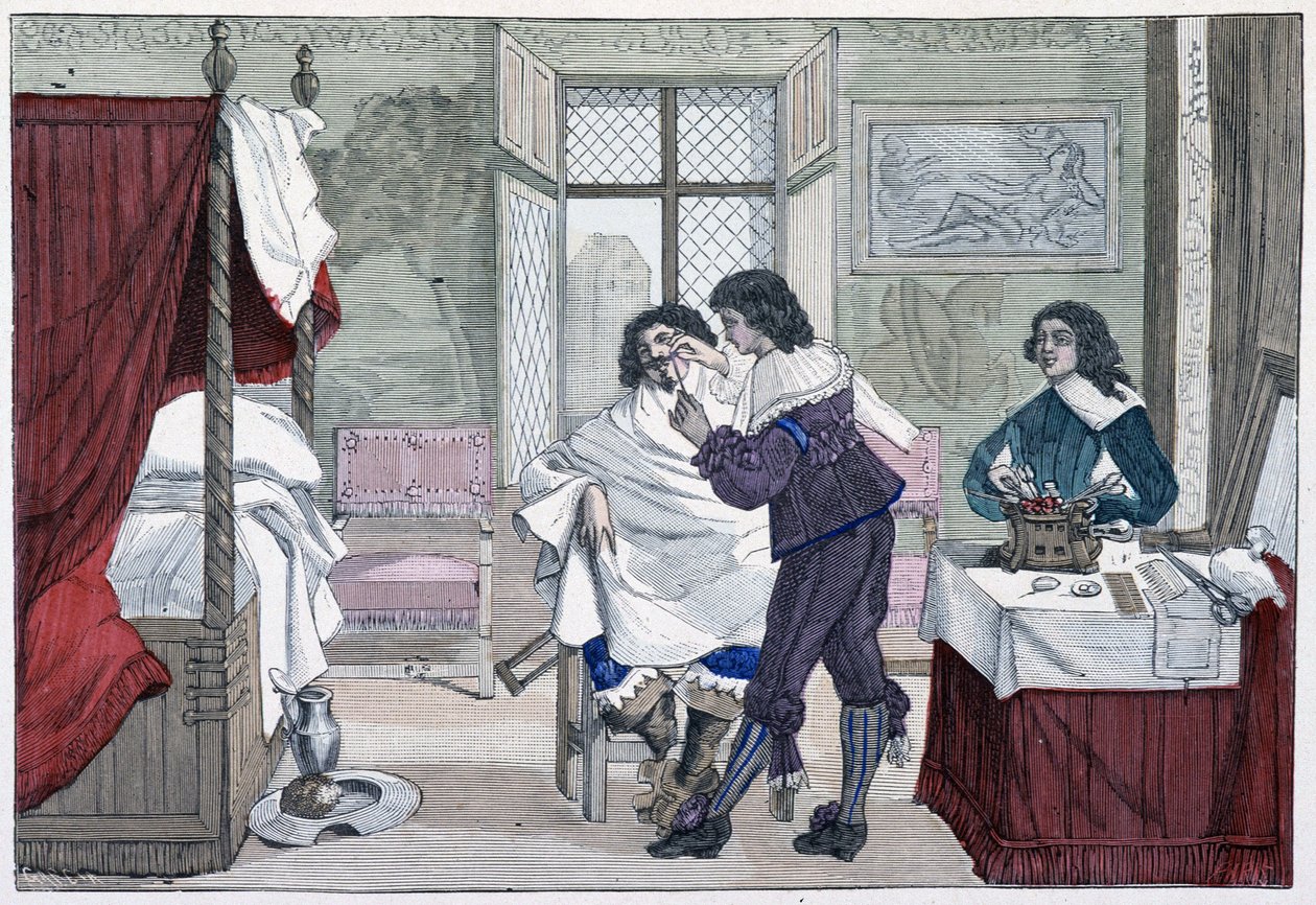 Interiör i huset till en frisör på 1600-talet - i "Paris genom århundradena"" av French School