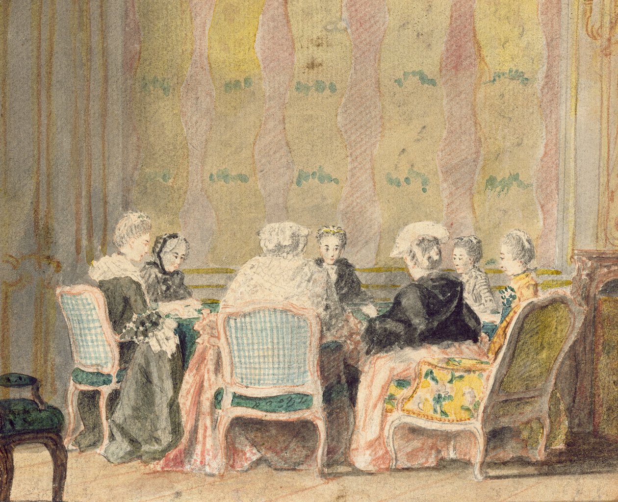 Interiör med damspelkort, 1770 (wc på papper) av French School