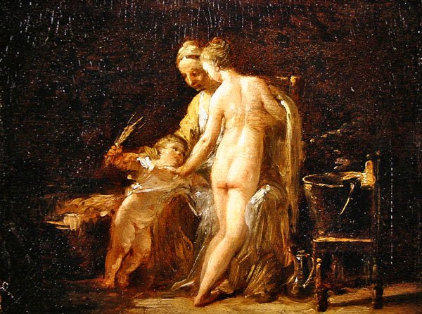 Interiör med en dam vid hennes bad, ca 1800 (olja på panel( av French School