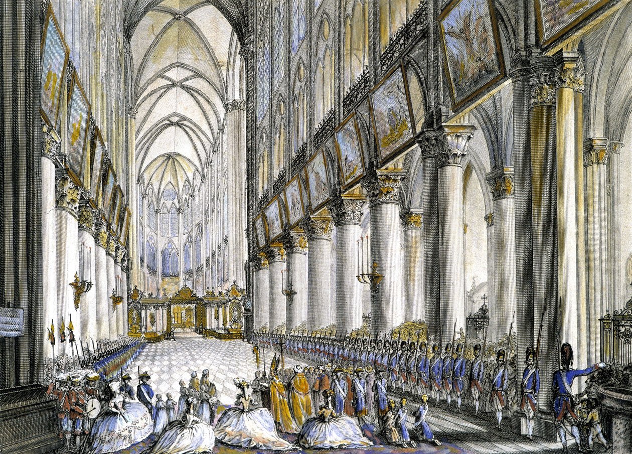 Inre vy av Notre-Dame de Paris, vid ankomsten av Marie Antoinette (1755-1793), drottning av Frankrike, för att delta i den berömda mässan för födelsen av hennes son, den blivande Ludvig XVII (1785-1795). Gravyr 1700-tal. av French School
