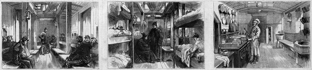 Invändig vy av ambulansvagnen och köksvagnen av ett medicinskt tåg från det franska Societe de secours aux weses militaires. Gravyr i "" Le Monde Illustré"" nr 846 av 28 juni 1873. av French School