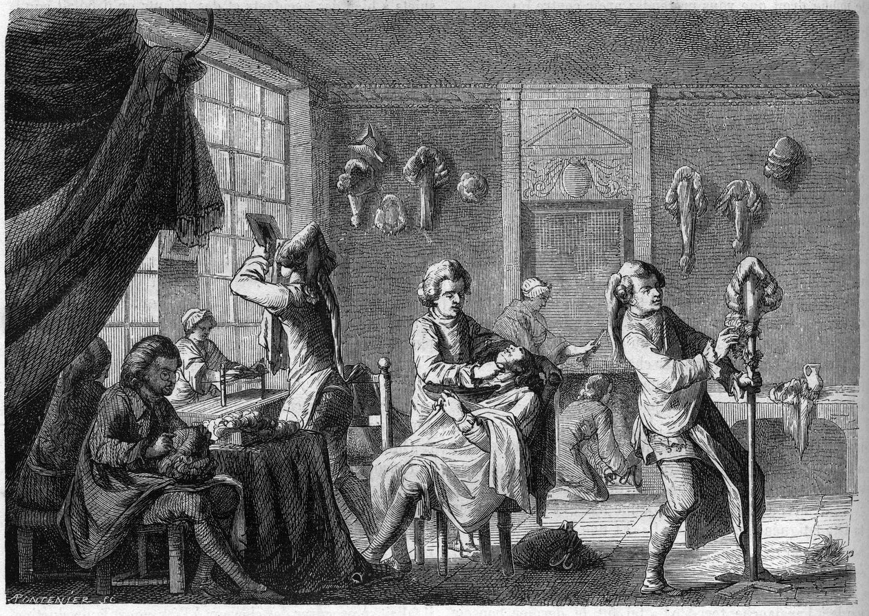 Invändig vy av butiken av en fransk peruk under Ludvig XV (1700-talet). Gravyr av Dargent av French School