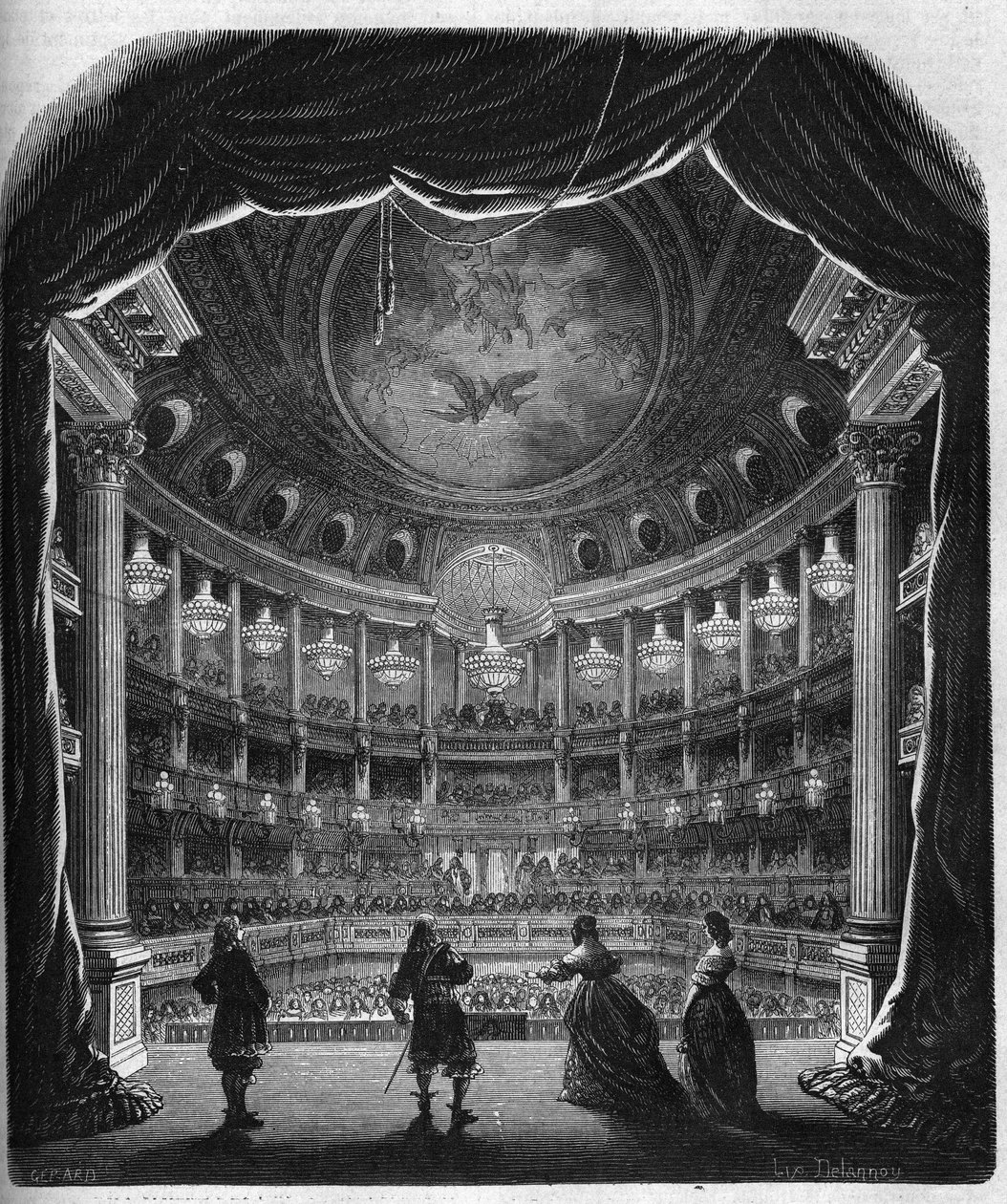 Intern vy av teatern i slottet i Versailles. Gravyr från 1867-1868. av French School