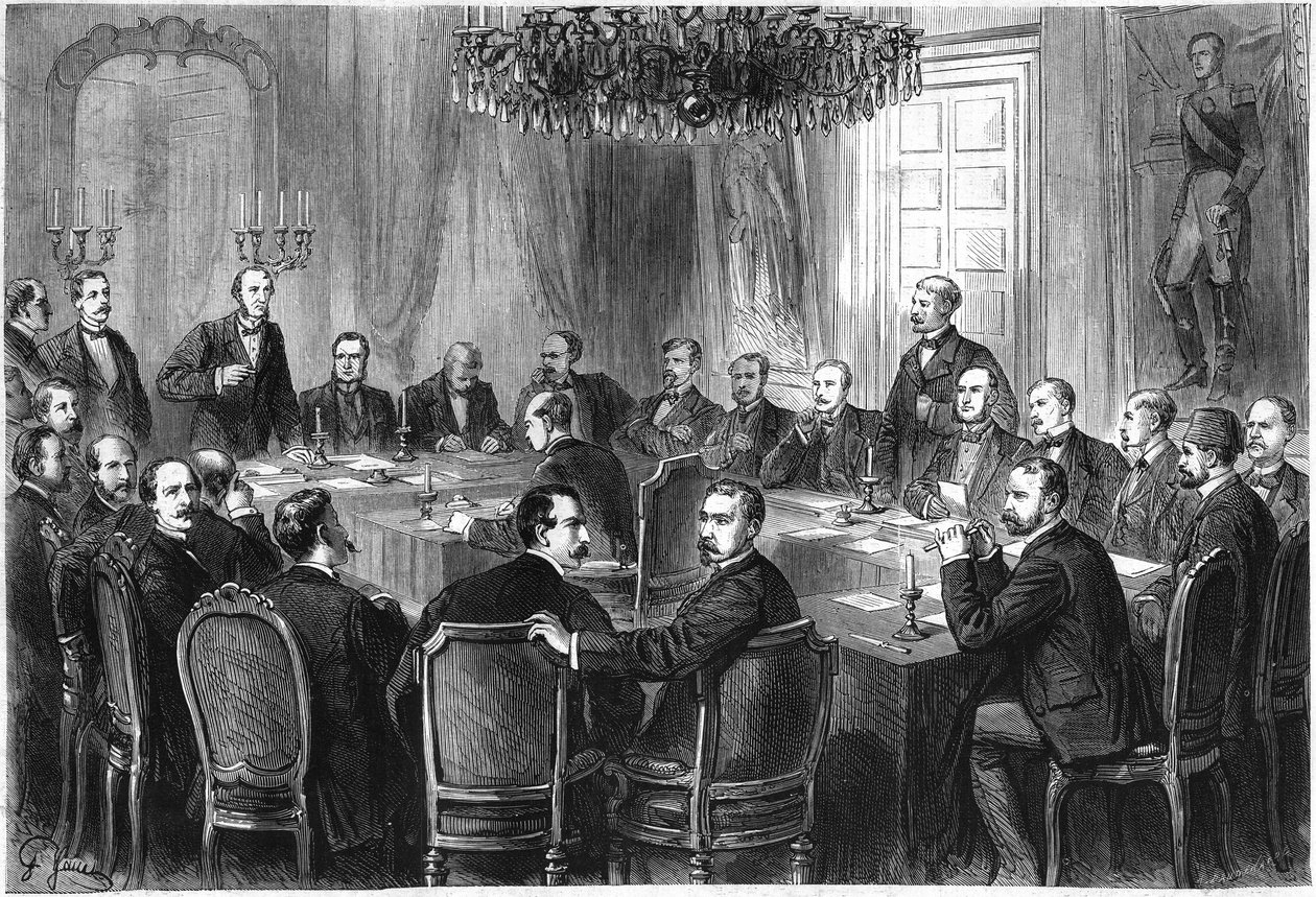 Internationella krigskongressen, Bryssel, juli-augusti 1874: delegater från 15 europeiska stater träffas för att diskutera utkastet till en internationell deklaration om krigets lagar och seder. Gravyr i "" Le Monde Illustré"" nr 908 den 5 september av French School