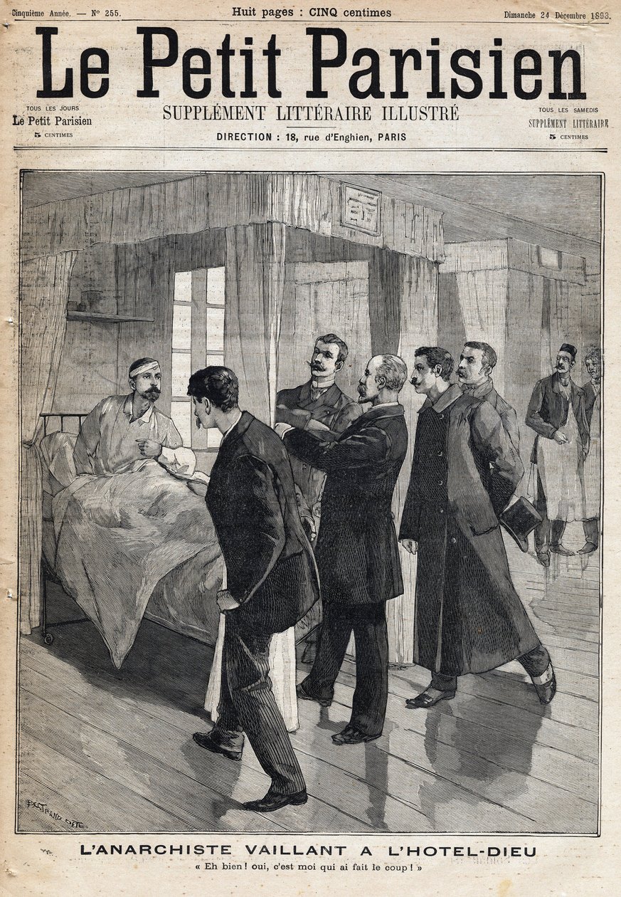 Förhör av anarkisten Auguste Vaillant (1861-1894) på Hotel dieu som bekänner attacken han begick den 9 december av French School