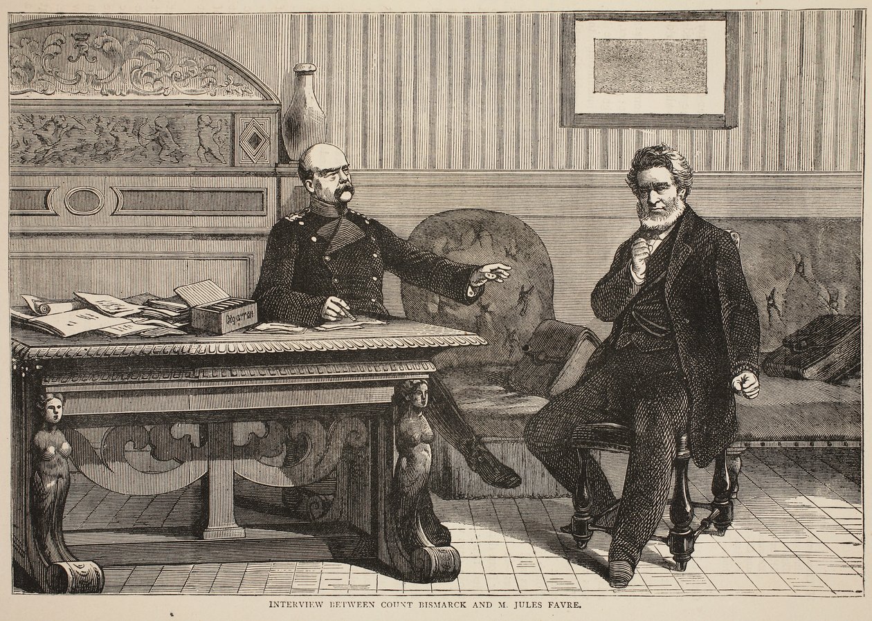 Intervju mellan greve Bismarck och M. Jules Favre, september 1870, illustration från Cassells historia om kriget mellan Frankrike och Tyskland, 1870-1871 av French School