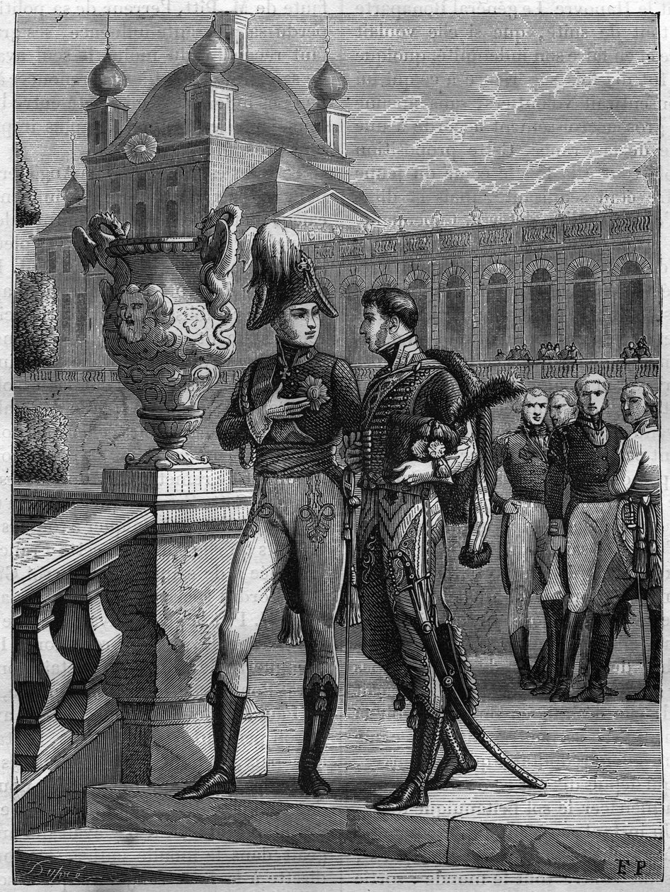 Intervju av Alexander I av Ryssland (1777-1825) och Michel Duroc (1772-1813) i Sankt Petersburg i april 1801 - Gravyr från 1865 i "Histoire du Consulate et de la Empire" av Louis Adolphe Thiers - Samtal mellan kejsar Alexander I av Ryssland (1777- av French School