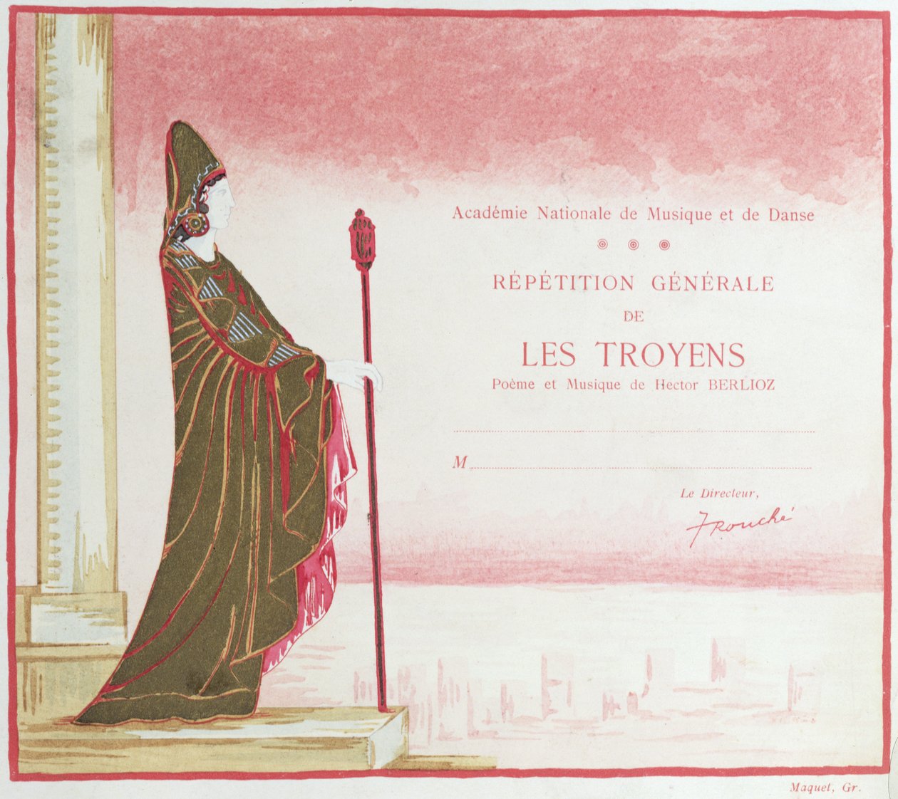 Inbjudan till en föreställning av Les Troyens (Trojanerna) komponerad av Hector Berlioz (1803-69) på Opera de Paris, 1921 av French School