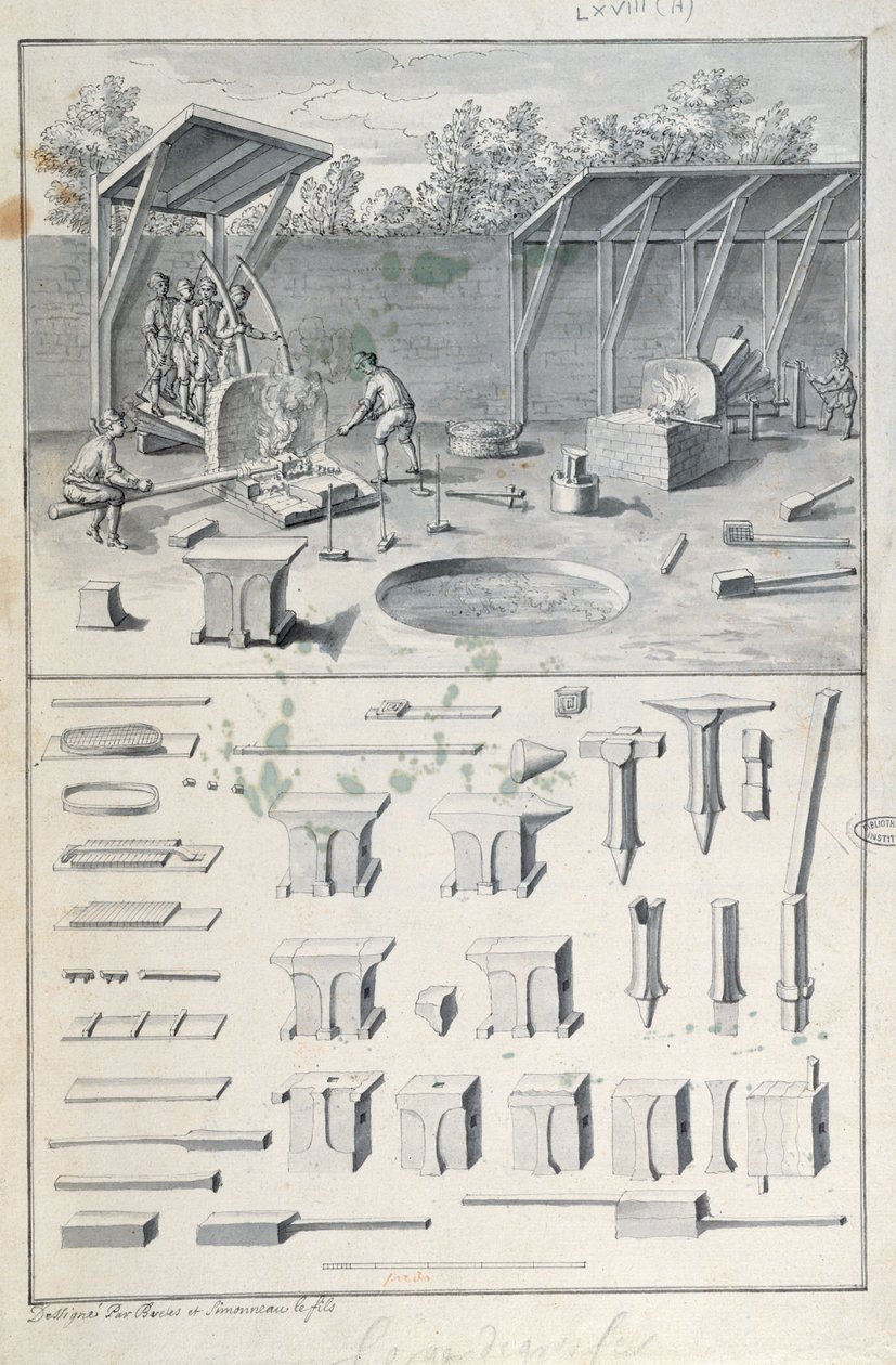 Järnsmide, teckning till Description des Arts et Métiers, av L. Simonneau, som inspirerade Diderot till Encyclopédien av French School