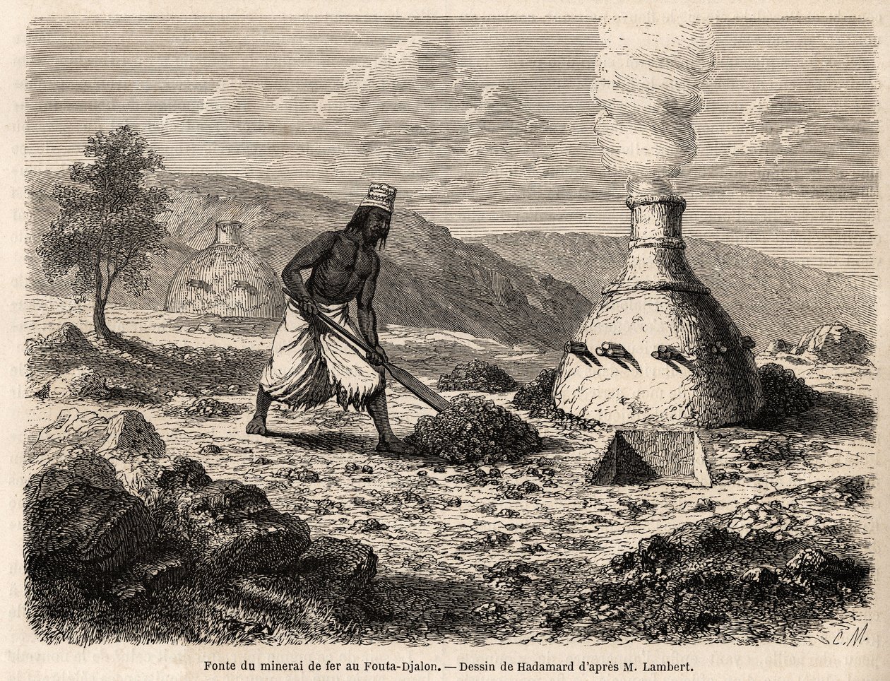 Järnmalmssmältning vid Fouta Djalon, Senegal, teckning av Hadamard, för att illustrera löjtnant Lamberts resa till Fouta Djalon 1860. Gravyr i "Le tour du monde" 1861. Selvas samling. av French School