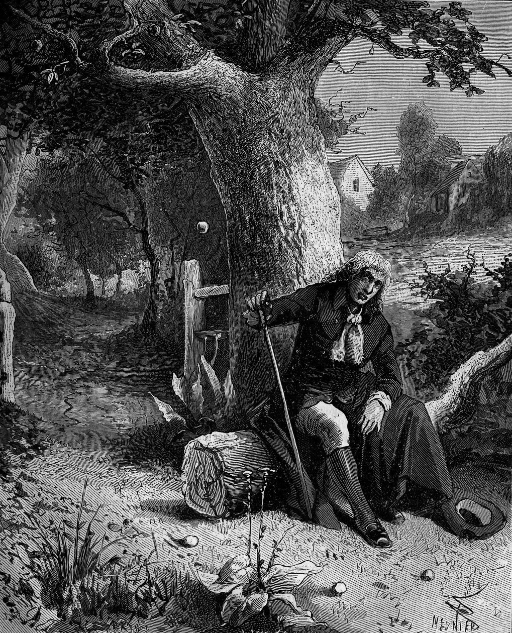 Isaac Newton (1642-1727), engelsk matematiker och astronom, upptäcker begreppet jordens gravitation genom att ett äpple faller från ett äppelträd i Woolsthorpe. av French School