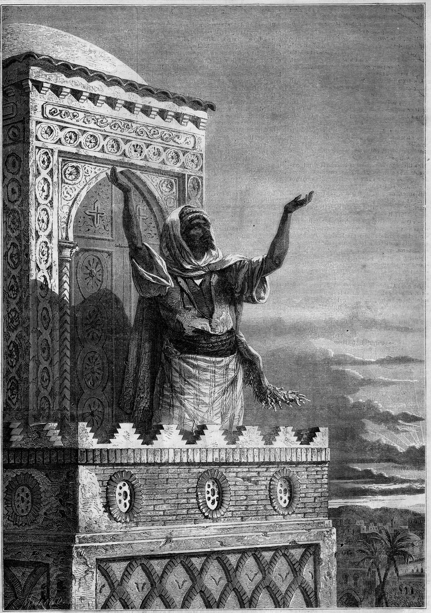 Islam: Muezzin kallar de troende till kvällsbönen från minareten i en moské i Afrika. Gravyr i "" Le Monde Illustré"" nr 297 av 20 december 1862. av French School