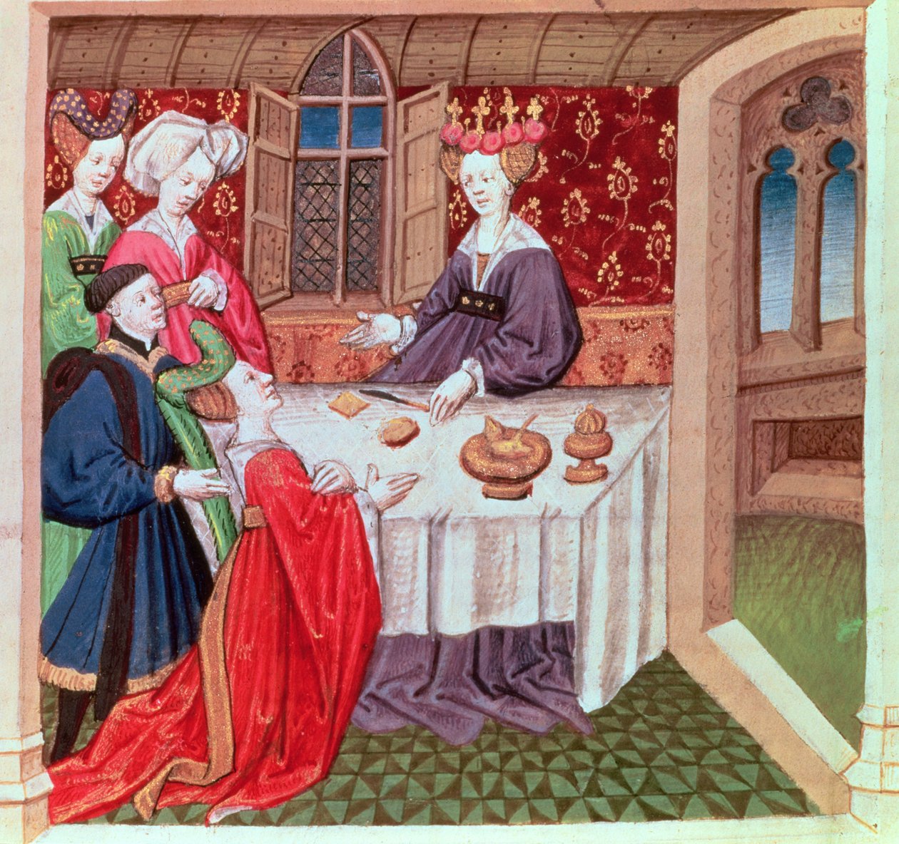 Isolde vädjar till drottning Guinevere om skydd, Roman du Chevalier Tristan av French School