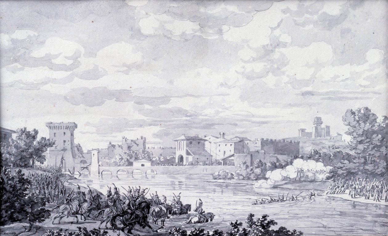 Italienska landsbygden: den franska armén passerade floden Mincio till Borghetto 1796. Anonym teckning. Paris, Louvren av French School