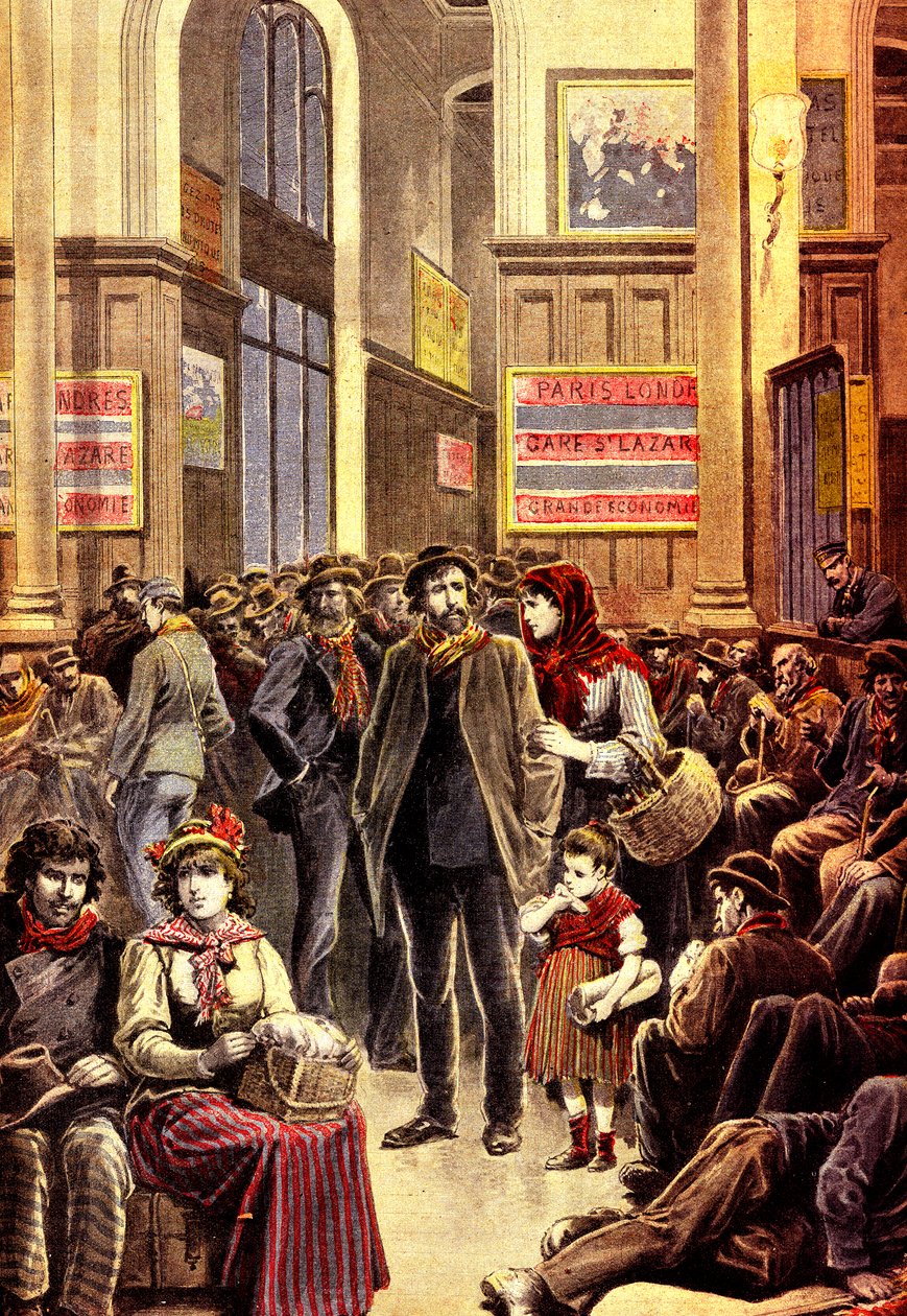 Italienska emigranter i Paris i järnvägsstationen Gare Saint Lazare i mars 1896 (gravyr) av French School