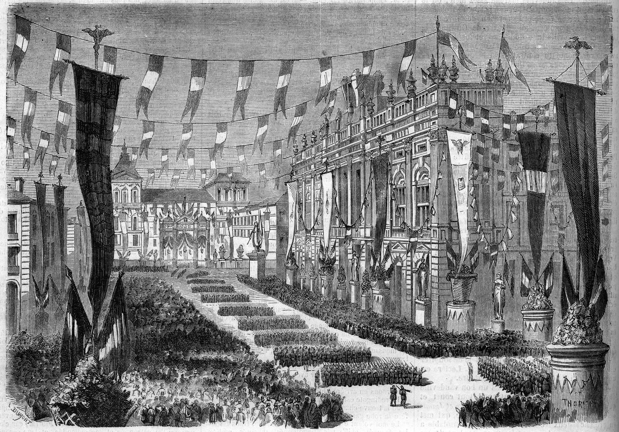 Italiens enande, Turin, 2 april 1860: utsmyckning av slottstorget (Piazza Castello) med anledning av öppnandet av det italienska parlamentet. Gravyr i "" Le Monde Illustré"" nr 157 av 14 april 1860. av French School