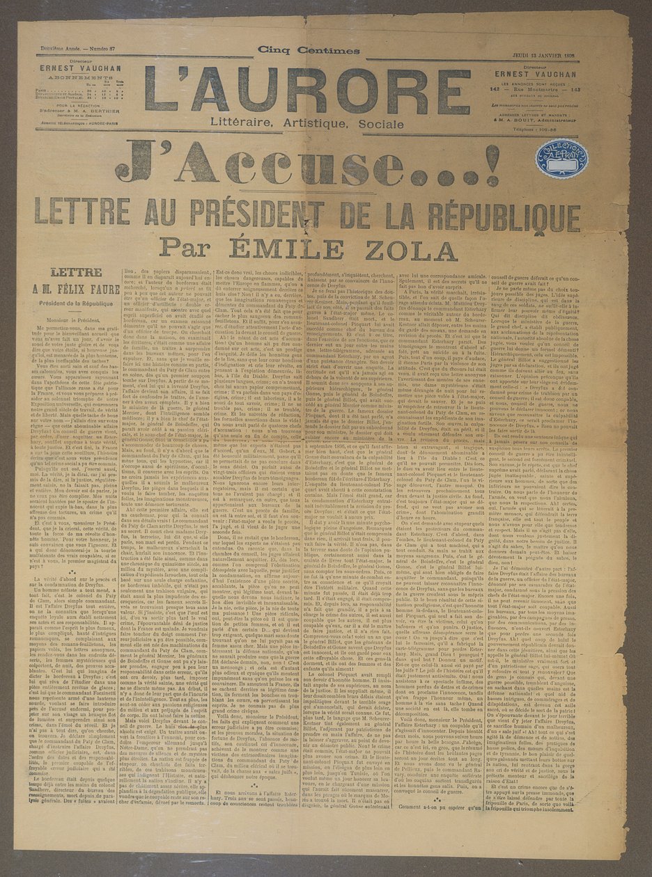 JAnklagebrev av Emile Zola (1840-1902), publicerat i LAurore, 13 januari 1898 (tryckt) av French School