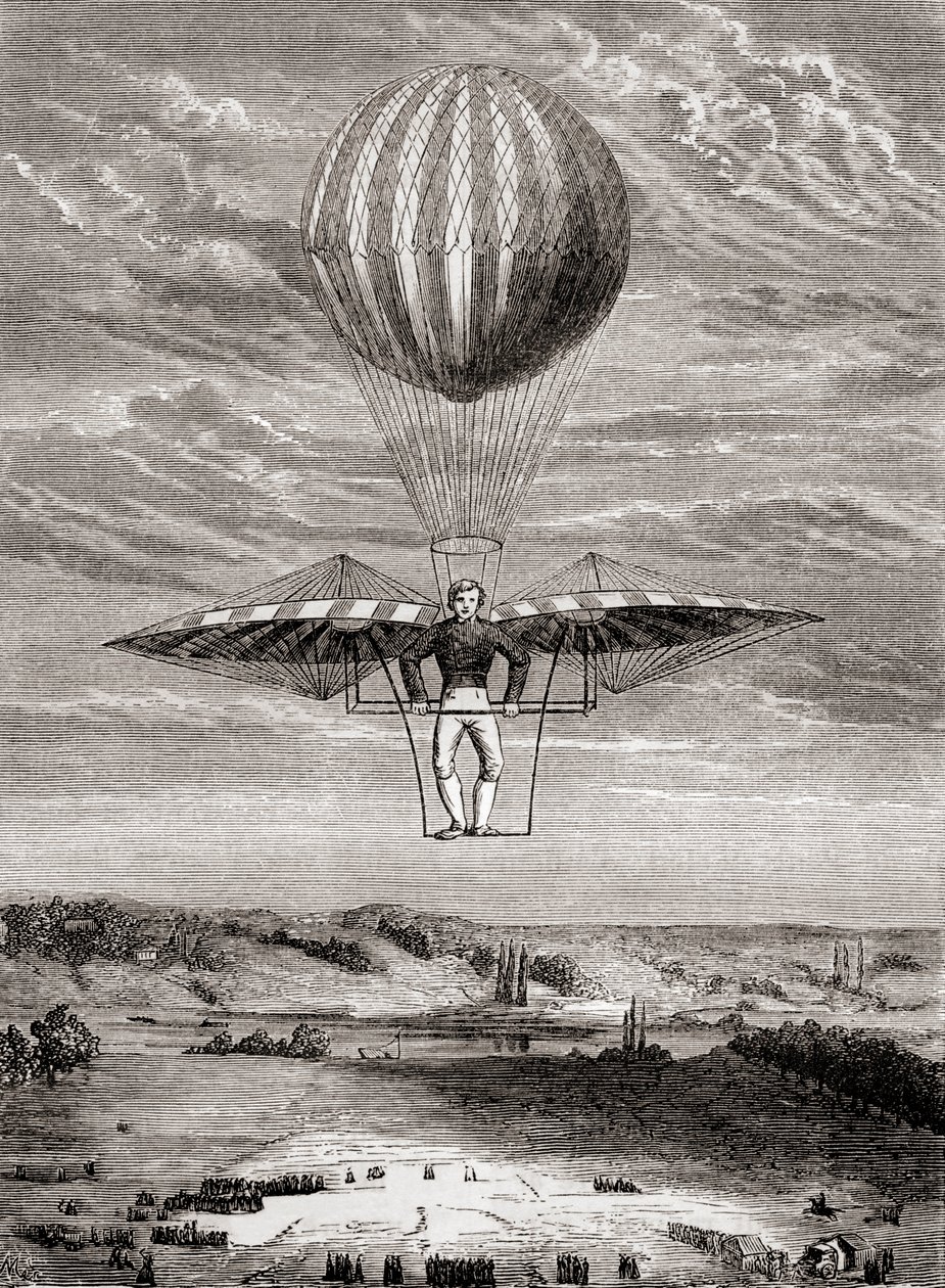 Jacob Degens ornitopter från 1808 med klaffventiler, där piloten stod på en stel ram och manövrerade vingarna med en rörlig horisontell stång, från "Les Merveilles de la Science", publicerad ca 1870 (litografi) av French School