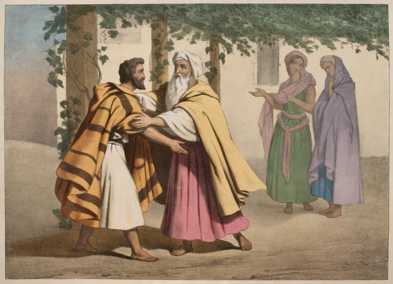 Jacob med Laban och hans döttrar, illustration från en katekes LHistoire Sainte, utgiven av Charles Delagrave, Paris, sent 1800-tal av French School