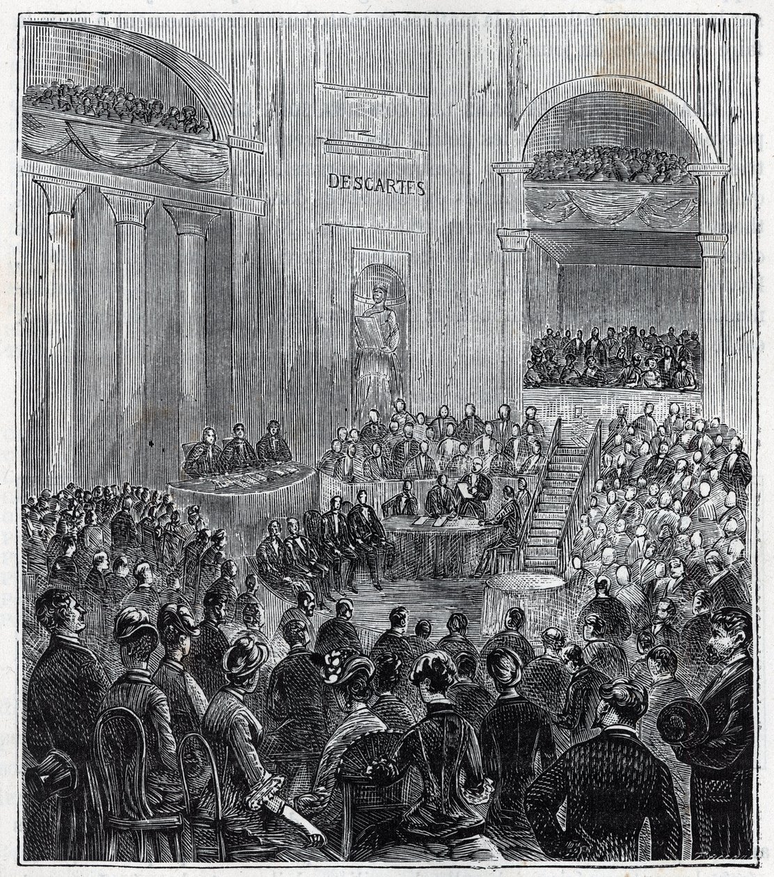 Jacques Babinet (1794 - 1872), fransk fysiker och astronom vid det högtidliga mötet mellan de fem akademierna 1840 - Gravyr i "Vetenskapen förde till alla - fysik och kemi" av Alexis Clerc - Slutet av 1800-talet. Privat samling. av French School