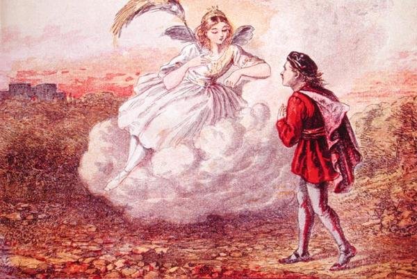 Jacques and the fairy, illustration till berättelsen "Jacques et ses Trois Voyages", c.1860 (färgstick) av French School