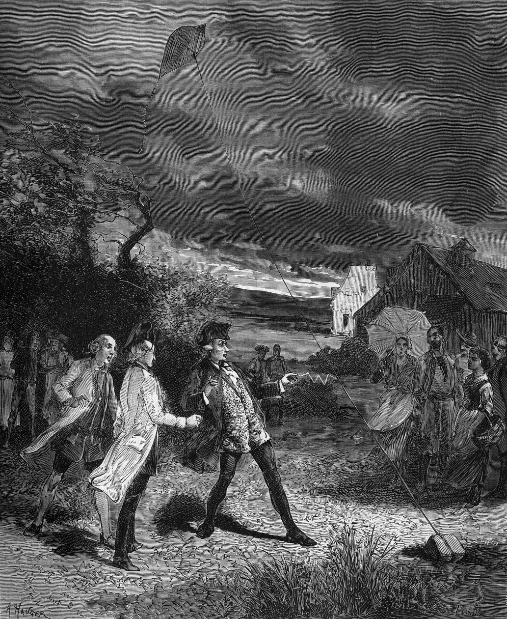 Jacques de Romas (1713-1776), fransk fysiker, experimenterade med en drake för att fånga atmosfärisk elektricitet 1752. av French School