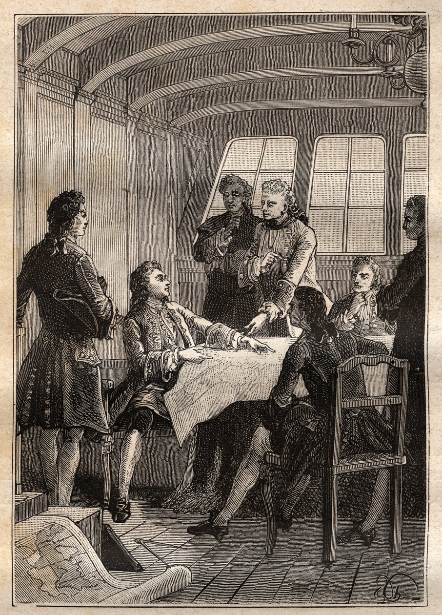 Jakob (Jacob) Roggeveen (1659-1729) holländsk upptäcktsresande under sin resa till Stilla havet 1722 - illustration från "The Great Mariners of the 18th century"" av French School